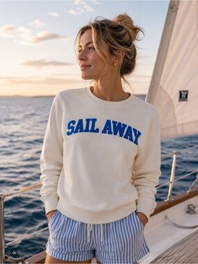 Pink Rose Sail Away Crewneck Sweatshirt Cream Blue Pullover Women’s Size Small